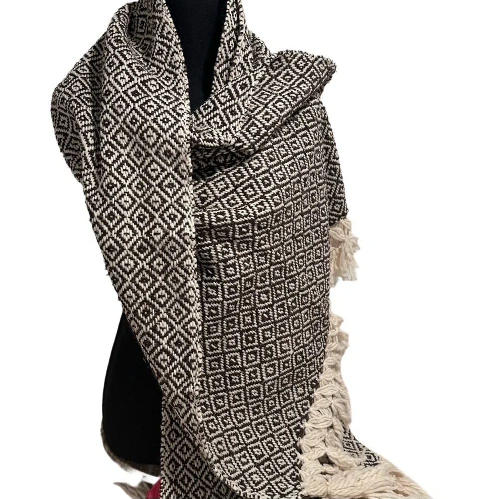 Mexican Rebozo Shawl in Brown on Cream –100% Raw Wool, Thick, Large Winter Wrap